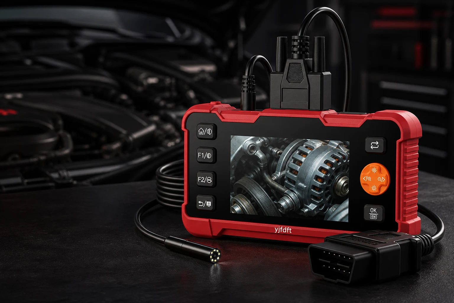yjfdft 2-in-1 OBD2-Diagnosegerät und Inspektionskamera in einer Werkstatt