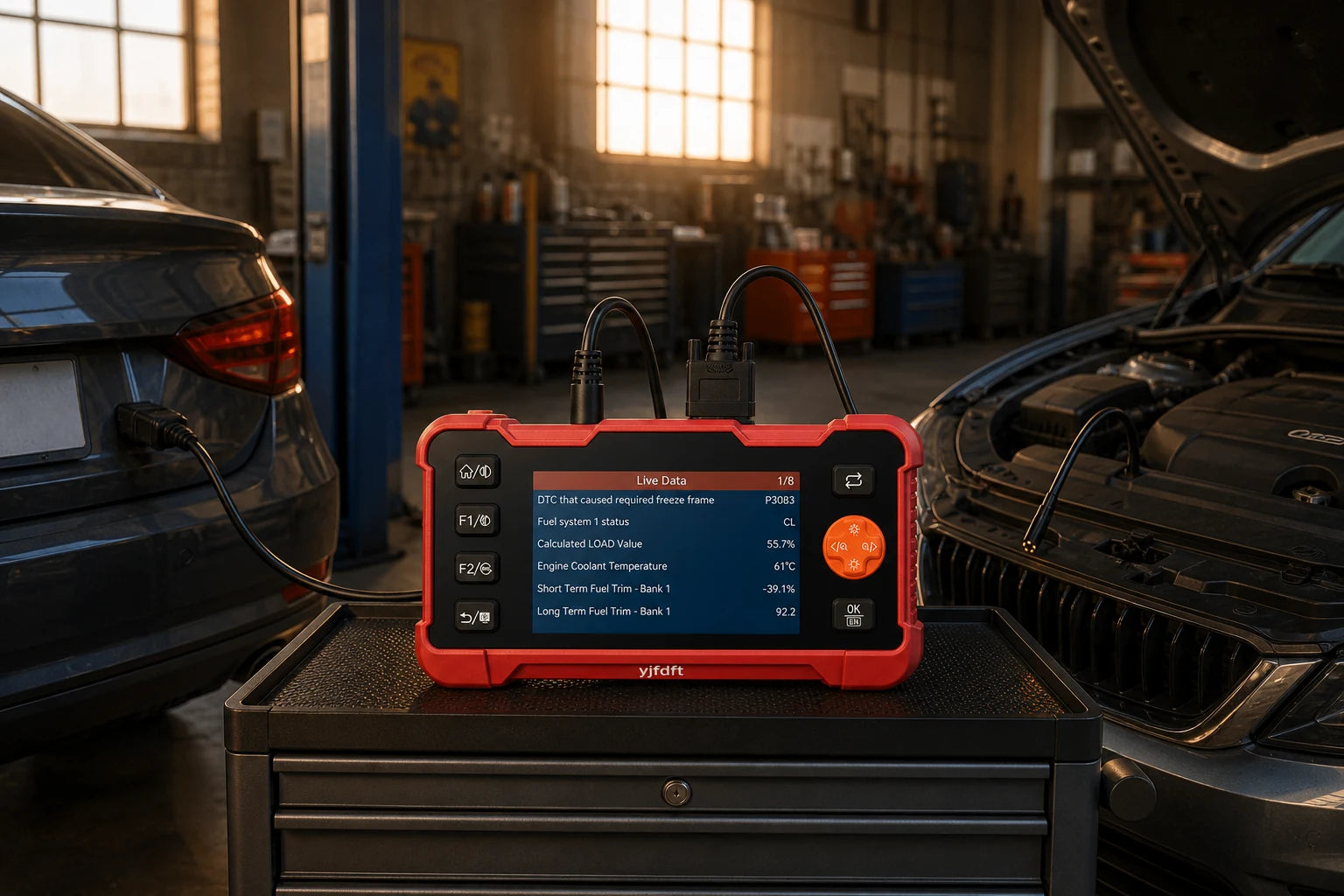 OBD2-Kabel und Endoskopsonde zeigen den zweistufigen Diagnoseablauf